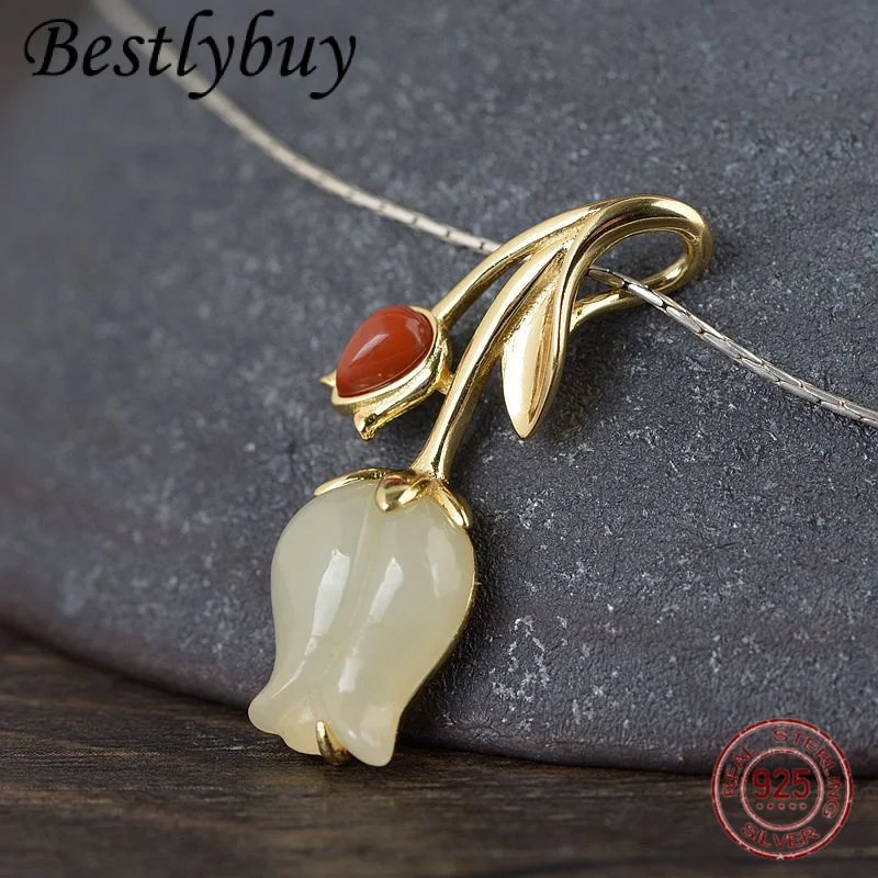 

genuine S925 Silver Charm Pendant Feminine Gold Plated Natural Hotan Jade Pendant Tulip Fashion Silver Pendant