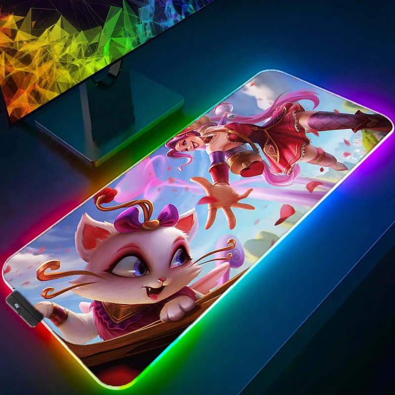 Yuumi League Of Legends Mouse Pad LED Kawaii Bow Cat Keyboard Rug Laptop Anime Luminous Mousepad Large PC Gamer Cabinet Desk Mat