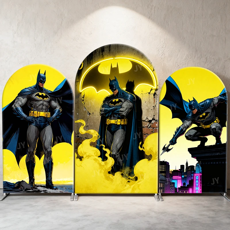 

Batman Yellow Blue Neon Theme Arch Backdrop Cover Bat Signal Cartoon Background For Kids Birthday Baby Shower Party Decoration