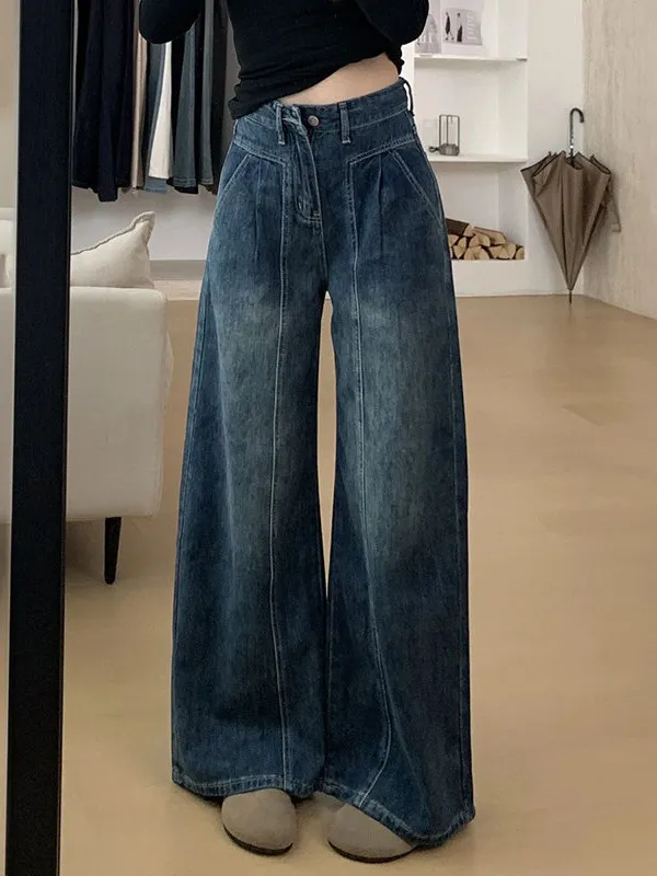 

High Waist Wide Leg American Retro Denim Jeans Women's Spring Autumn Straight Floor-Length Curvy Pants plus Size Women