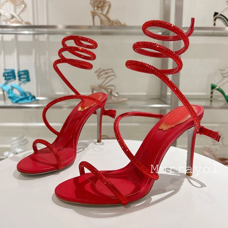 Sandals Glisten Crystal Bow-Knot Decor Thin High Heels Women Snake Shaped Elastic Strap Sandalias Mujer Summer Party Dress Shoes