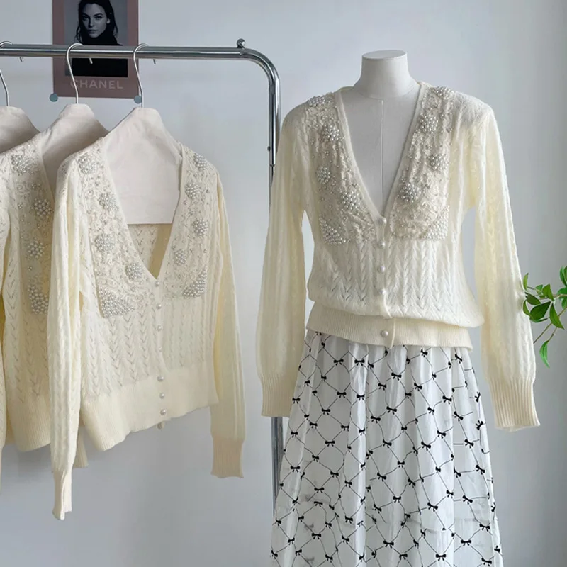 

Women Luxury Pearls Beaded Mohair Sweater V-neck Hollow Out Thin Loose Knitted Cardigan Korean Elegant Long Sleeved Spring Top