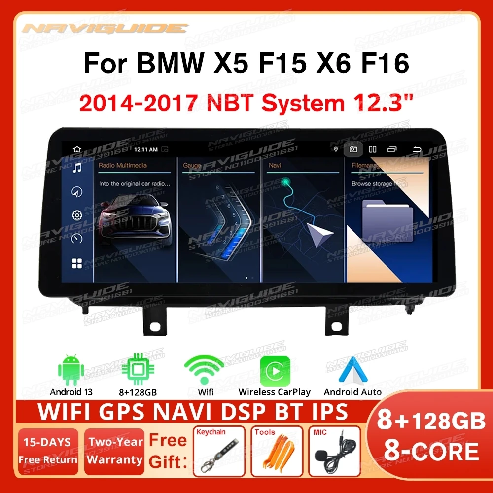 

NAVIGUIDE 12,3-дюймовый 8 + 128 ГБ Android12 автомобильный радиоприемник для BMW X5 F15 X6 F16 2014-2017 NBT система Carplay мультимедийное головное устройство стерео