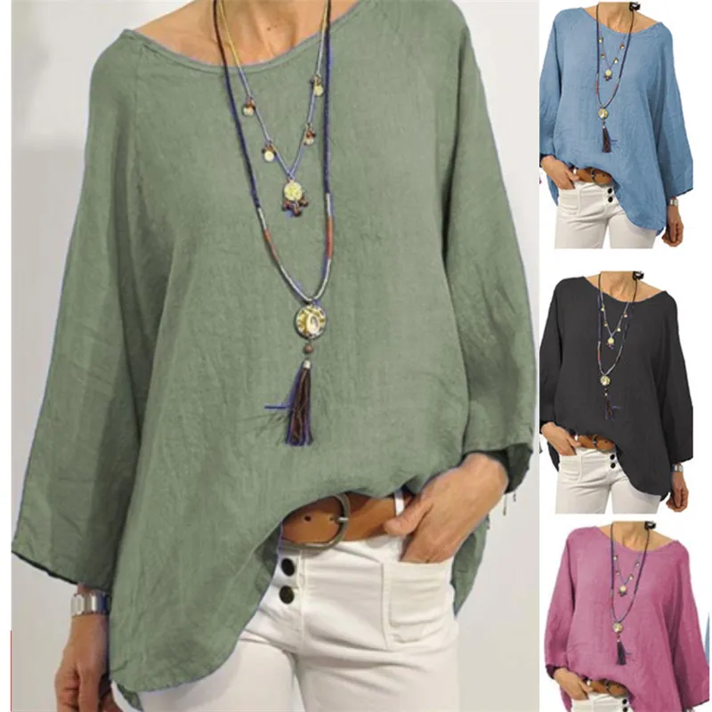 

Women's Shirt Cotton-linen Blend Solid Color O-neck Loose Simple Fashionable Nine-point Sleeve Basic Pullover Blouses