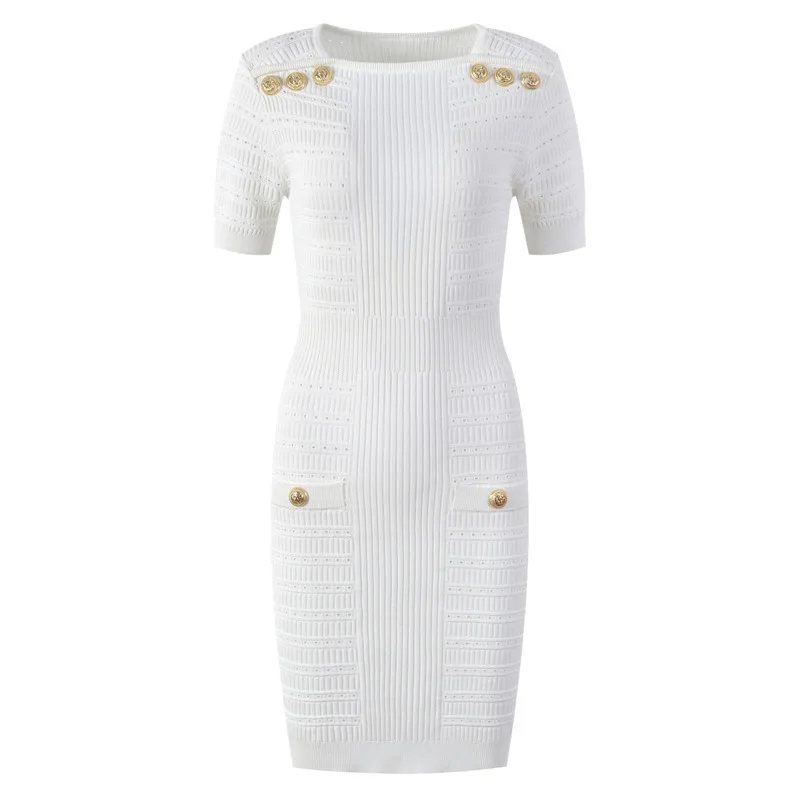 فستان CHUJIE الفرنسي للركاب منسوج برقبة دائرية للمكتب جاهز وقابل للتمدد فستان متوسط الطول لعطلة نهاية الأسبوع SS25 مع جيوب