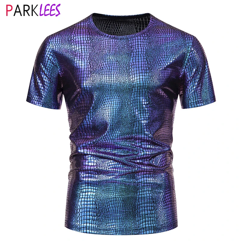 Mens Snake Pattern Metallic T Shirt 2024 Summer Short Sleeve Tee Shirt Homme Hipster Hip Hop Streetwear Nightclub Party Clothing