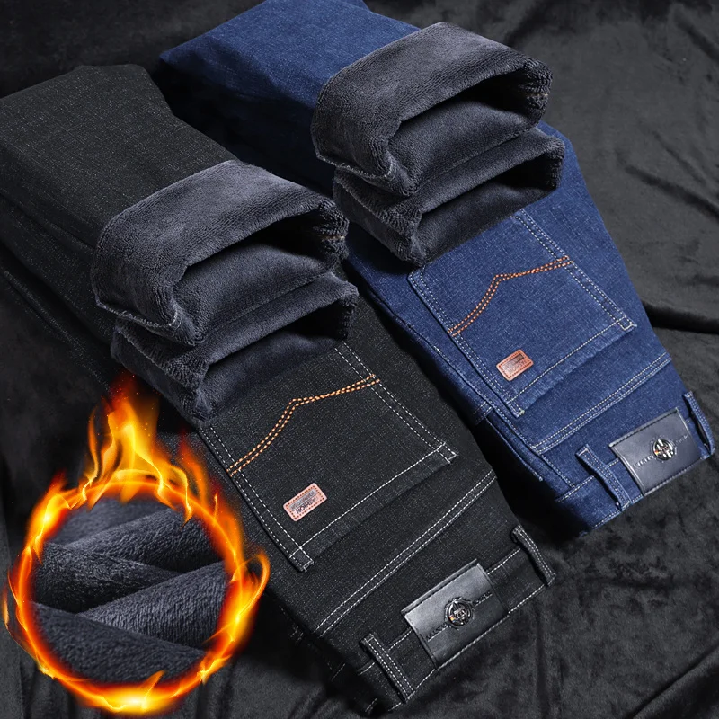 Winter Men's Warm Plush Zipper Jeans Vintage Lady Thicken Elastic Denim Trousers Casual Comfortable Fleece Slim Stretch Pants