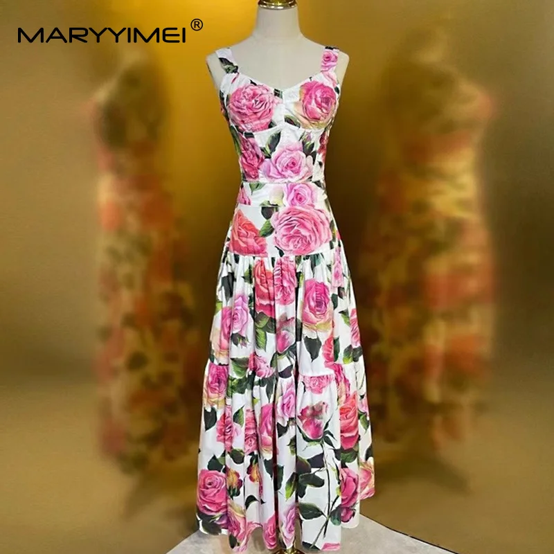 

MARYYIMEI Casual Holiday New Women's Suit Spaghetti Strap Sweetheart Neck Tops+Big Swing Skirt Print Cotton 2-piece set
