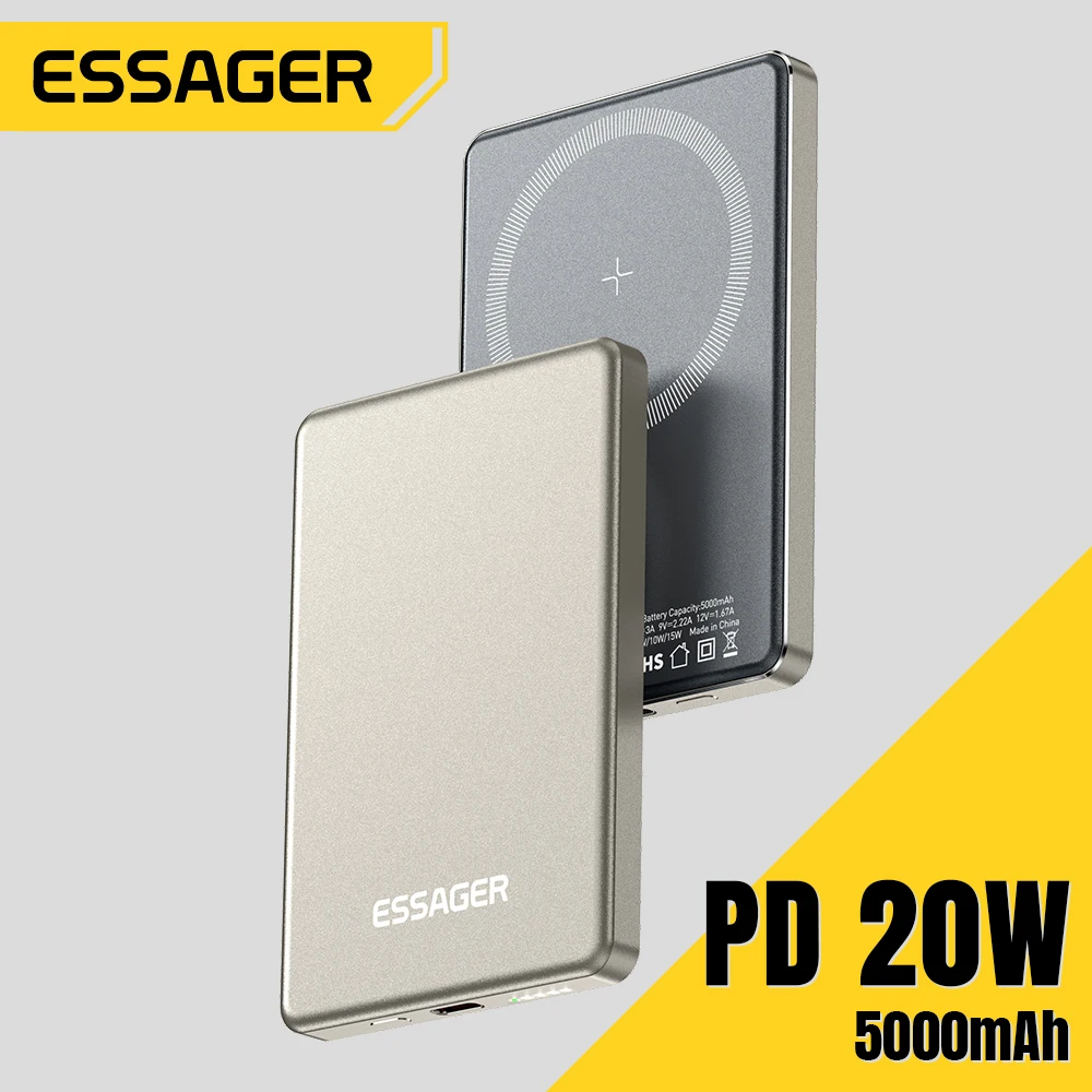 Essager 5000mAh Power Bank PD 20W Magnetic Thin Wireless Chargers For iPhone15 14 13 Pro Max Portable External Battery PoverBank