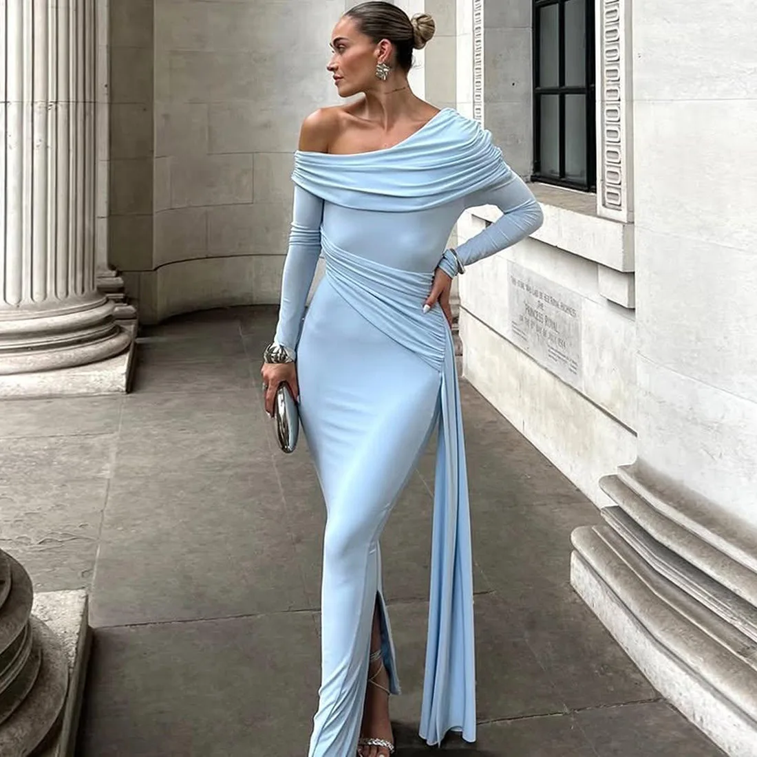 

One Shoulder Ribbon Women's Evening Dress Backless Pleated Bandage Gown Blue Red White Slim Party Skirt New Arrival In Stock