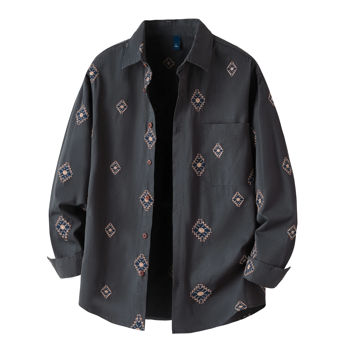 Pure Cotton Embroidery Vintage Long Sleeve Shirts Men Commuter Korean Streetwear Loose Casual Plus Size Shirt Blouses