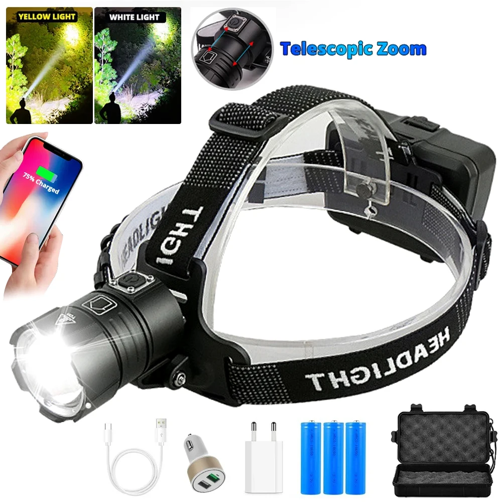 USB Rechargeable LED Headlamp Zoomable White or Yellow Camping Head Flashlight 18650 Battery Fishing Runing Light Powerbank Lamp
