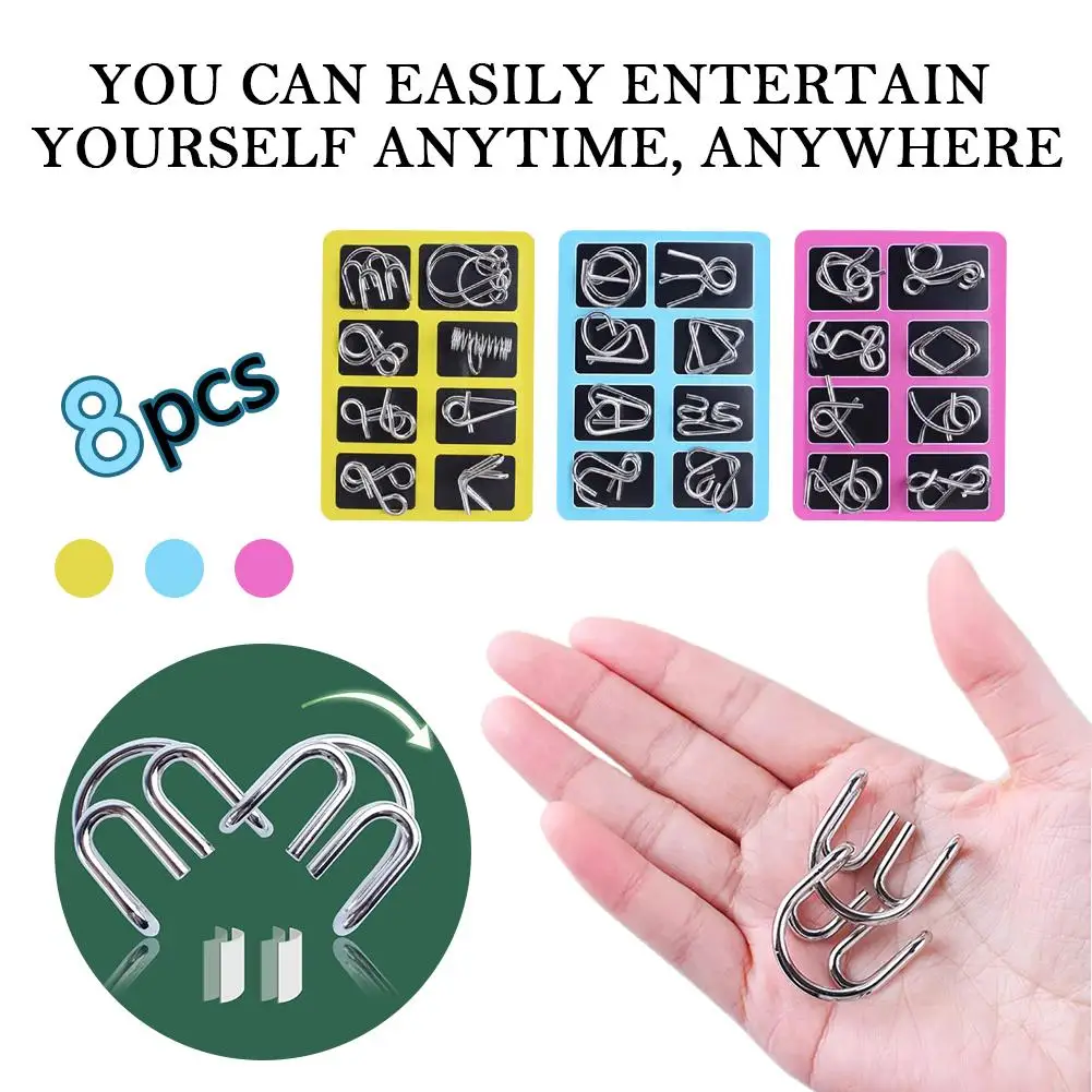 Metalen Draad Puzzel Set van 8, Brain Teaser IQ Test Ontwikkelaars Iron Link Ontgrendelen Interlock Game Chinese Ring Goocheltruc Speelgoed