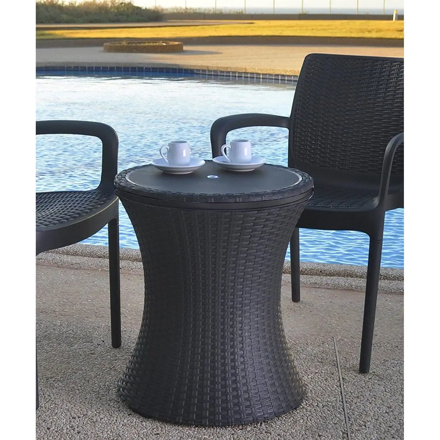 7.5 Gallon Cool Bar Table, Resin Outdoor Patio Beverage Cooler Table, Extra Storage, Rattan Look Brown
