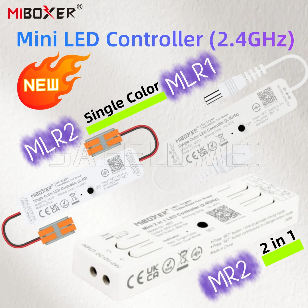 MiBoxer MLR1/MLR2 Mini Single Color MR2 2-in-1 LED Dimmer Controllers 2.4GHz Wireless Remote for DC12V/24V 6A LED Strip Lights