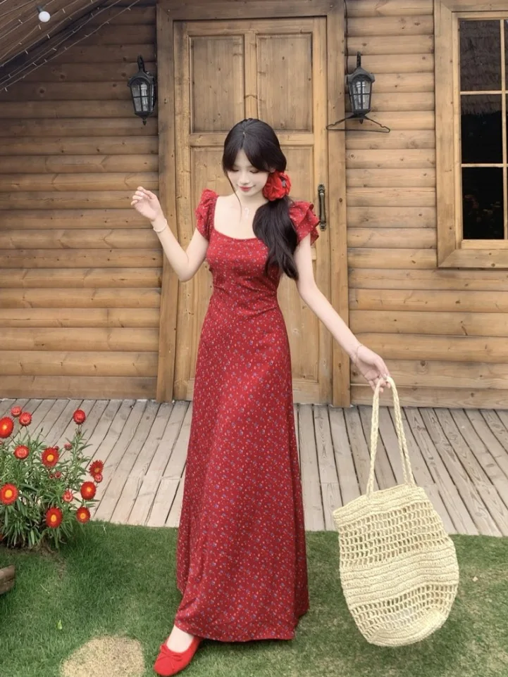 

Новое летнее женское платье макси с цветочным принтом, квадратным вырезом, приталенное, больших размеров, в корейском стиле