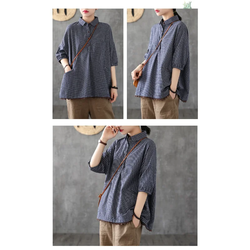 Chemise à carreaux en coton et lin pour femmes, ample, grande taille, rétro, dentelle, manches courtes, nouvelle tendance, rajeunissante