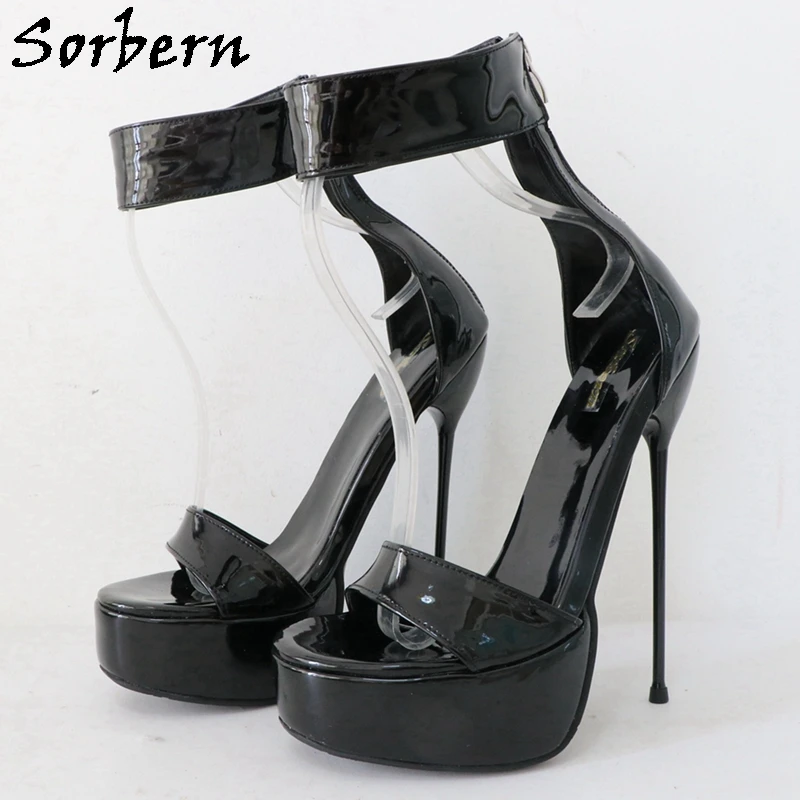 

Sorbern Shiny Black Ankle Strap Sandals Women 16cm Metal High Heels Stilettos Summer Shoes Night Club Footwear Custom