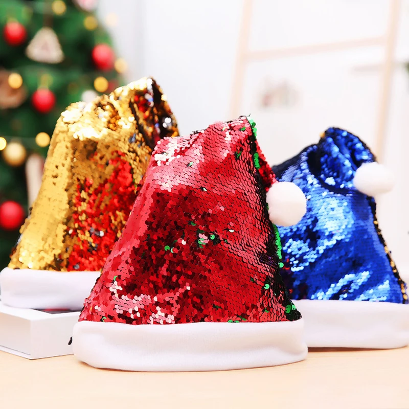 Topi payet Natal dua sisi dekorasi Festival topi Natal warna-warni