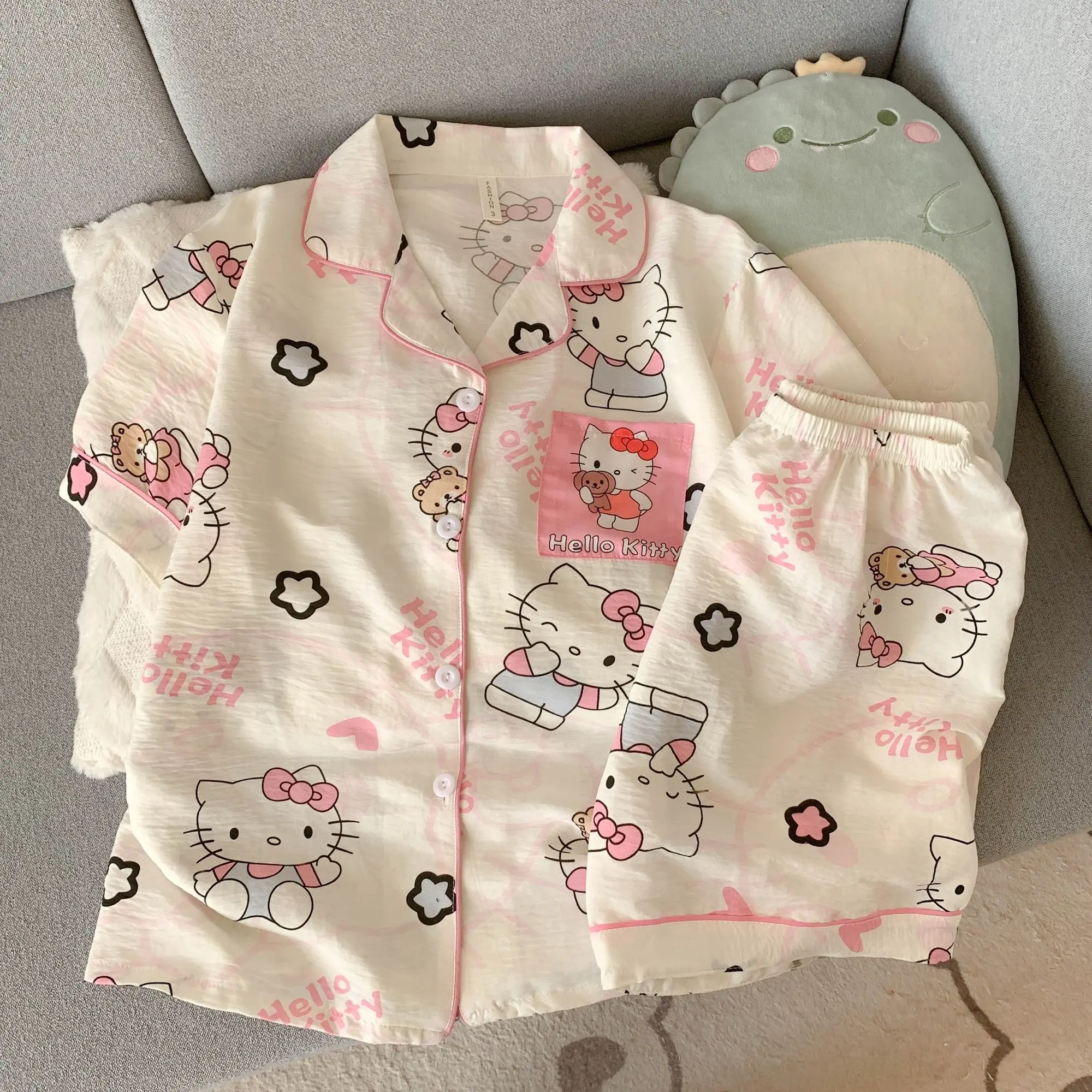 

Новая женская пижама Sanrio Hello Kitty: летний комплект с шортами и коротким рукавом, милая домашняя одежда с мультяшным принтом