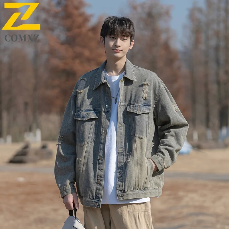 

COMXZ 2025 Vintage Distressed Washed Denim Jacket Coat Loose Fit Handsome Unisex Casual Outerwear Lightweight Street Fashion