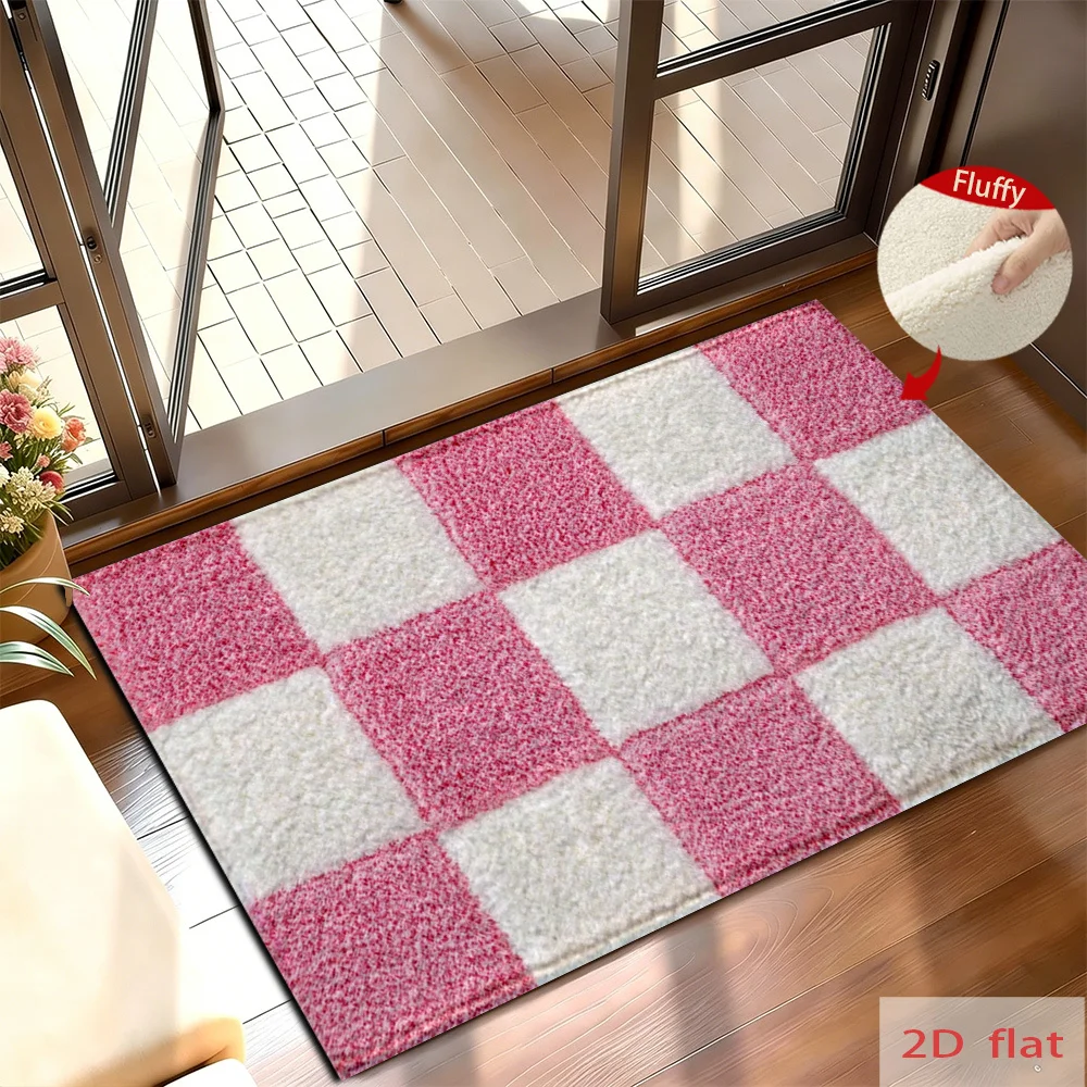 1 piece of pink and white checkered pattern bathroom mat, washable decorative carpet, flannel material, easy to clean, durable and beautiful, suitable for entrance bathroom, outdoor courtyard, seaside beach and home decoration