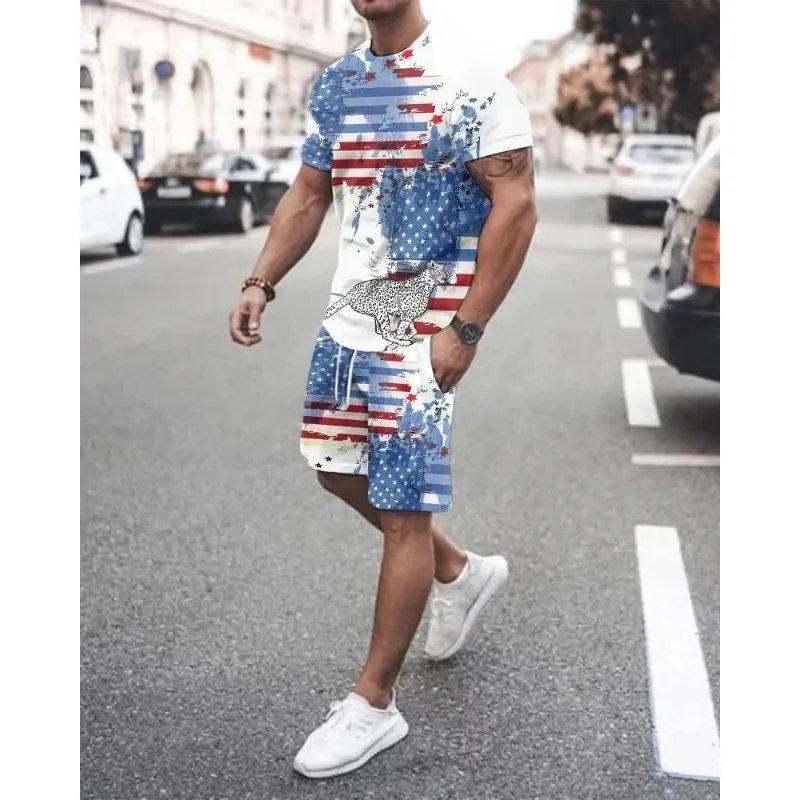 2025 Fashion Retro Men's 3D Printed T-shirt 2-piece Set Loose and Casual Oversized Short Sleeved Polyester Fiber Set