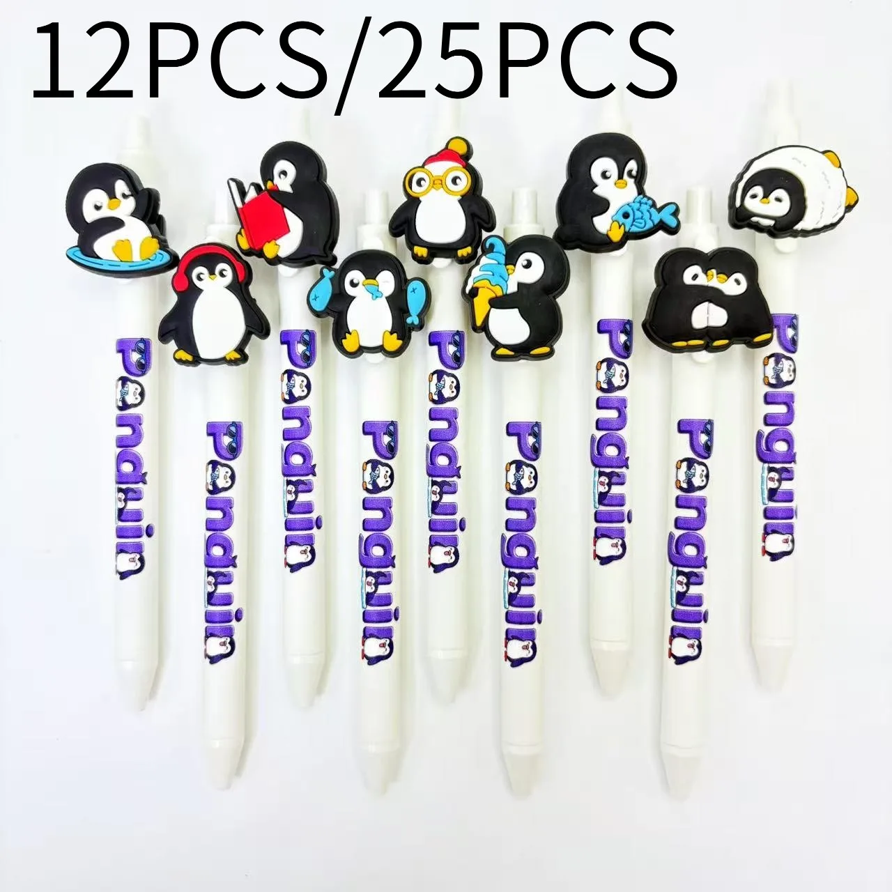 

12pcs/25pcs Winter Little Penguin Themed Ballpoint Pens, White Barrel, Quick-Drying Ink, Student Writing Pens