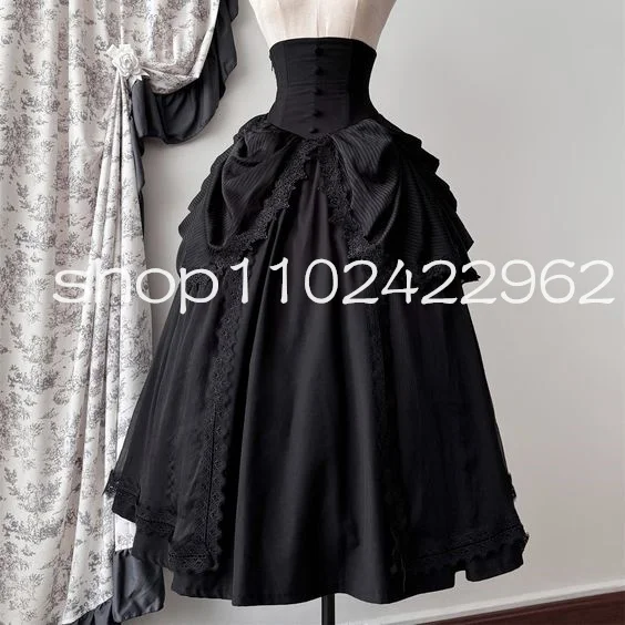 Tenue gothique noire Lolita, sous-jupe, robes, volants, cloche, corset désossé, ceinture, taille haute, jupon