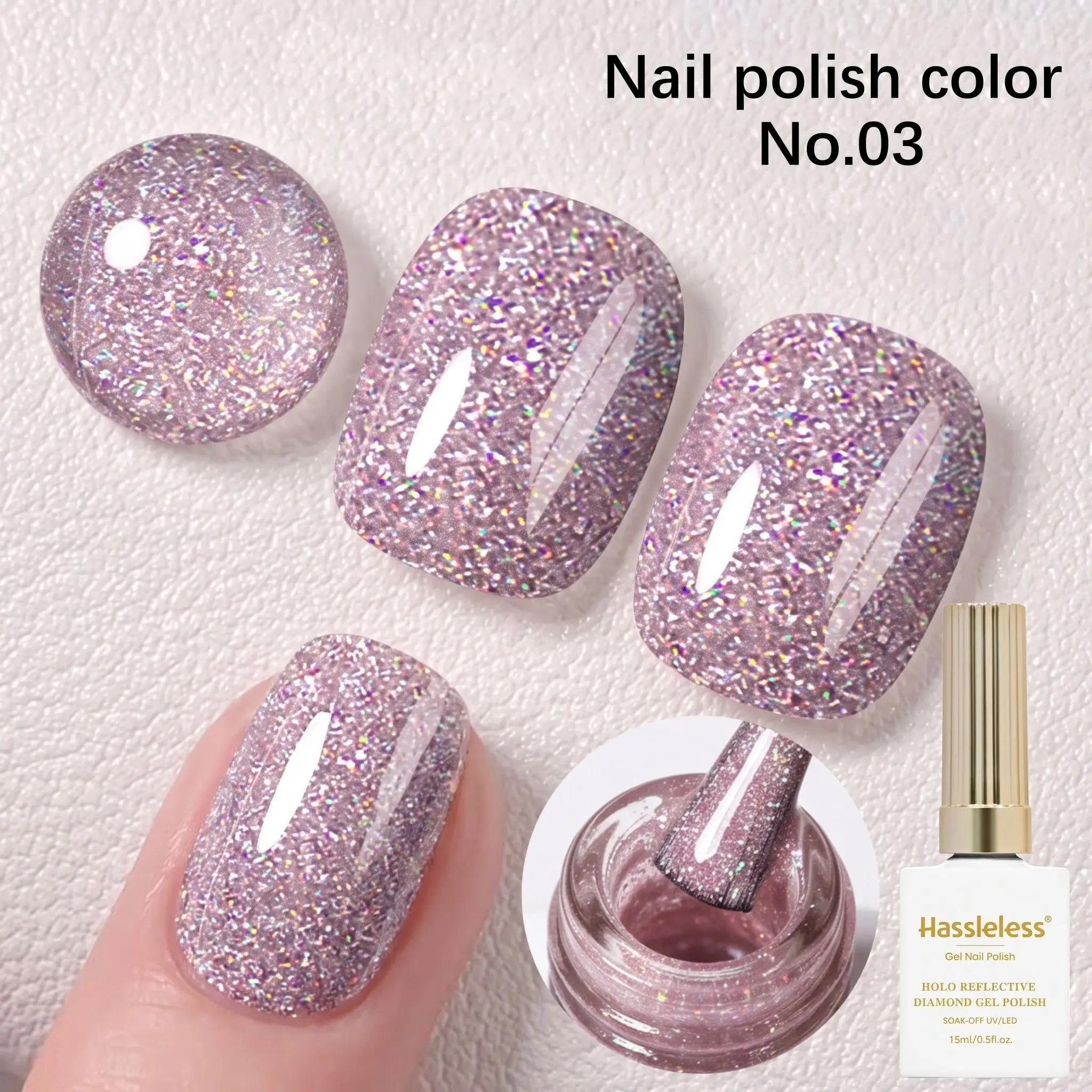 Hassleless Holographic Reflective Diamond Nail Polish Gel, Easy to Apply, Dazzling and Super Shiny, Semi-Permanent Sparkle Effect with Reflective Glitter, Suitable for Professional Nail Salons and Nail Supplies