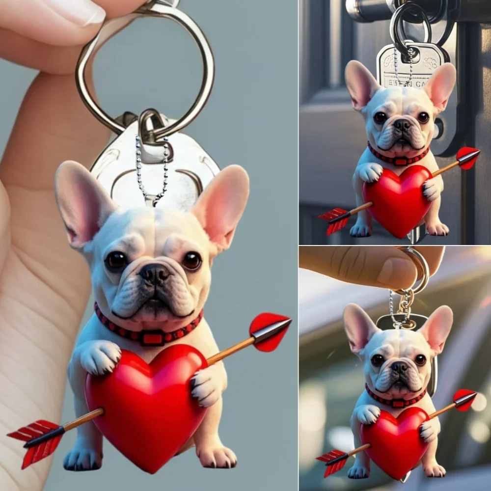 French Bulldog with Arrow of Love Pendant Keychain,Cute Puppy 2D Flat Acrylic Hanging Charm,Decor for Car,Bag,Festive,Party,Gift