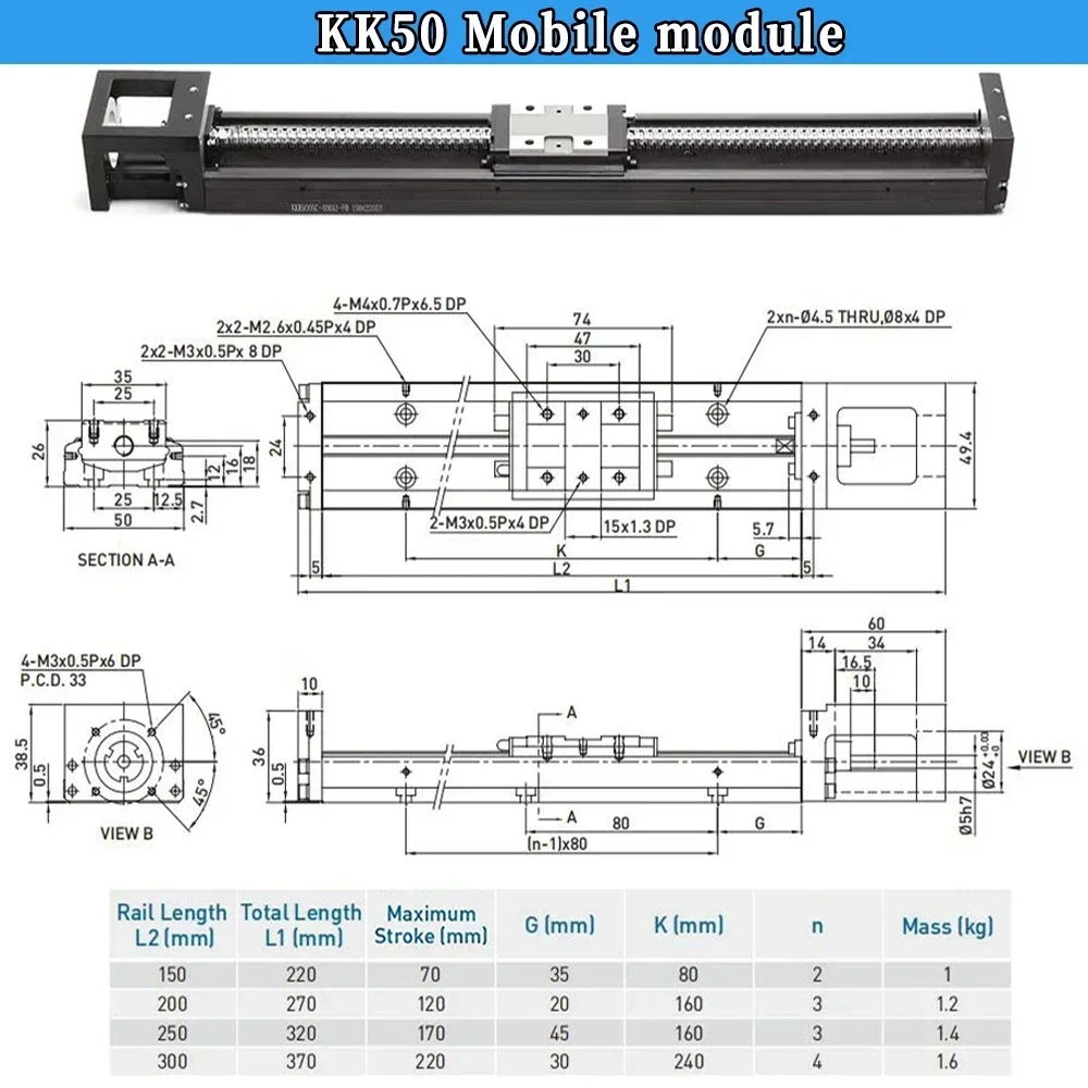 KK Single Axis Robot Linear Moving Module Ball Screw SlidingTable ±0,01 mm Repeatabiity 70 mm-220 mm Hub Linear Rail Stage CNC