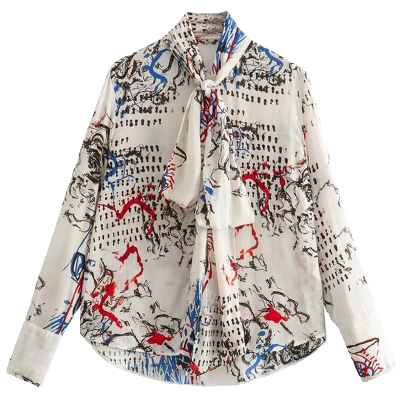Spring New Arrival Loose Women's irt Casual Printed  Knot Top French Sle Long Sve Straight Cut Ladies Blouse