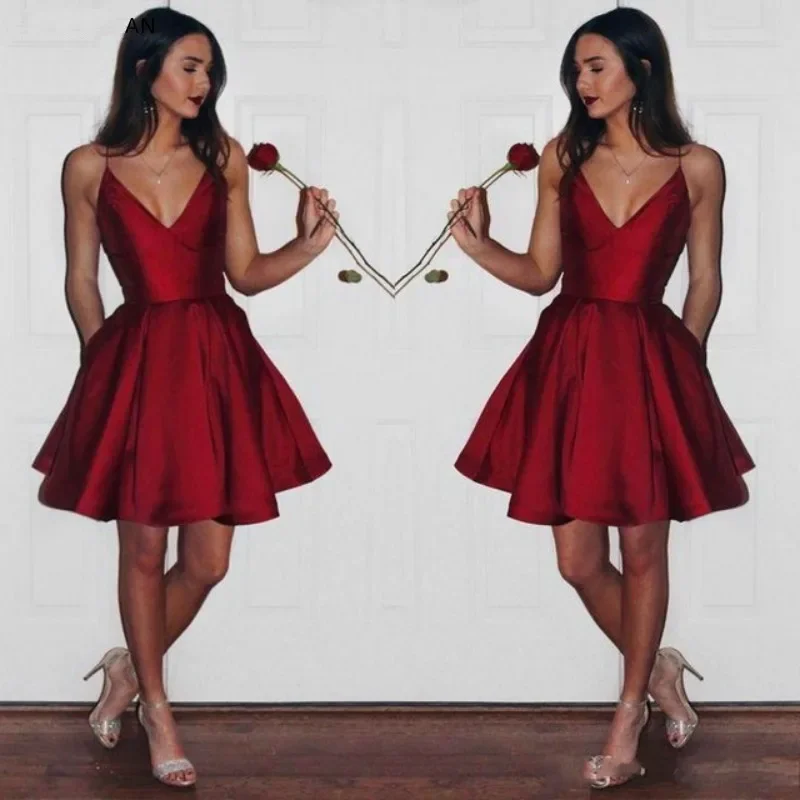 

Burgundy Spaghetti Straps Short Homecoming Dresses Vestidos de festa Sexy V-Neck Graduation Formal Gowns Plus Size