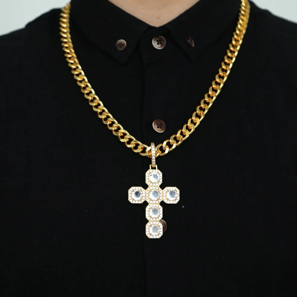 Iced Out Cuban Chain Cross Pendant Necklace Mens Micro Paved Gold Color Cross Charm Hip Hop Jewelry