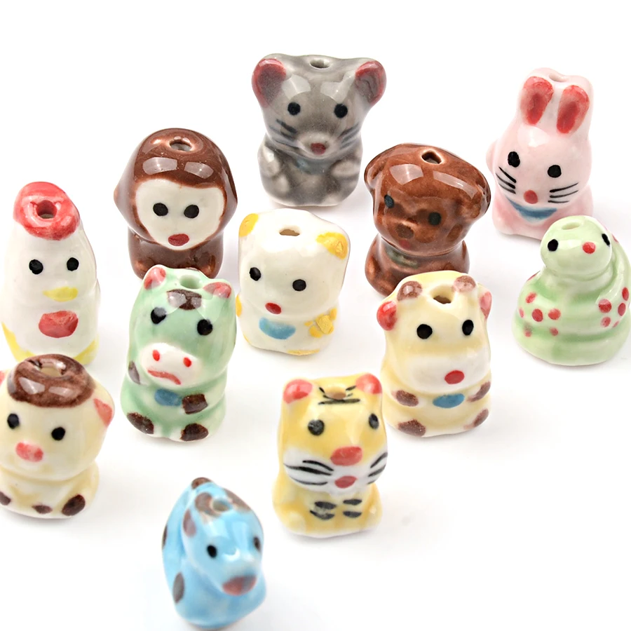 New Hand-painted 12 Chinese Zodiac Signs Ceramic Beads Cute Animal Pendant Beads Bracelet DIY Accessories