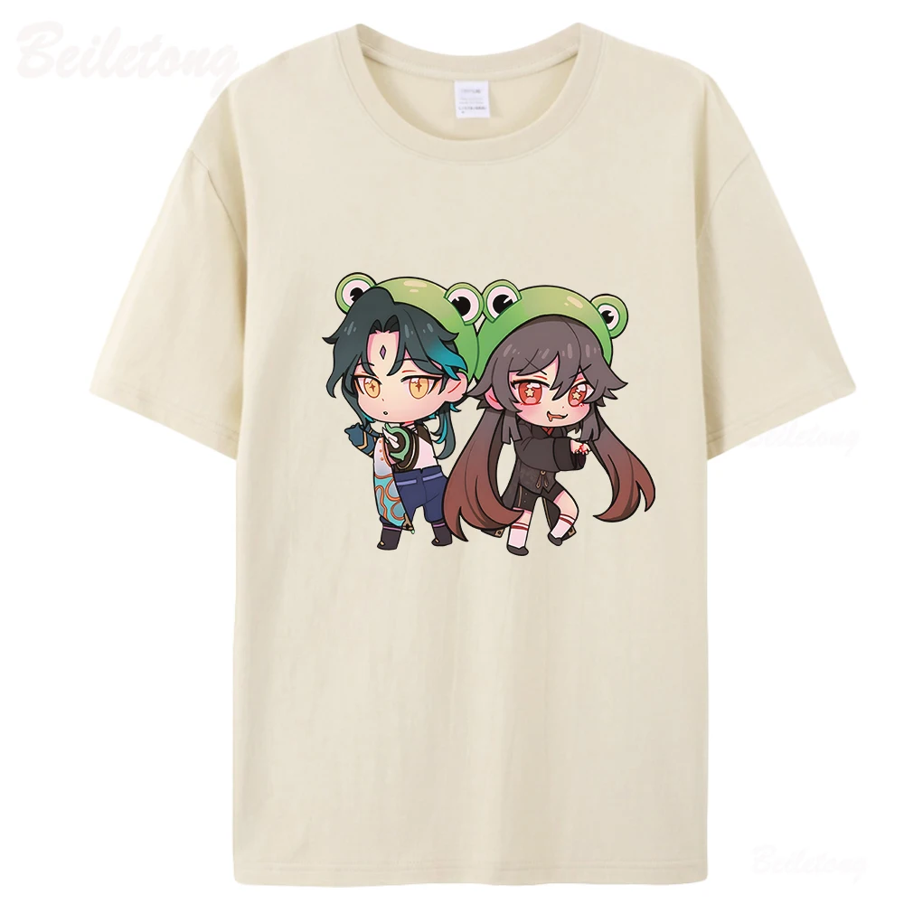 Hu Tao and Xiao Cute Genshin Impact T Shirt Women Printing 100% Cotton Summer Oversized Tops Harajuku Tees Cartoon Fast Shipping