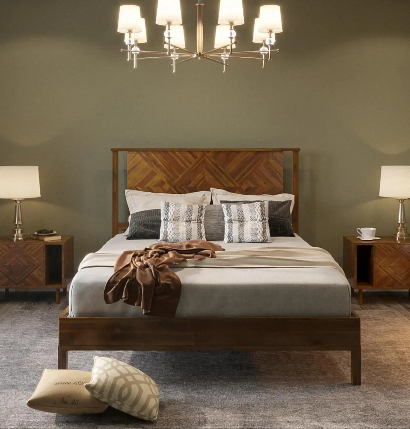 Bme Ethan Queen Bed Frame with Diamond Headboard, Mid-Century Modern, Solid Acacia Wood, No Box Spring Needed, Fits All Mattress