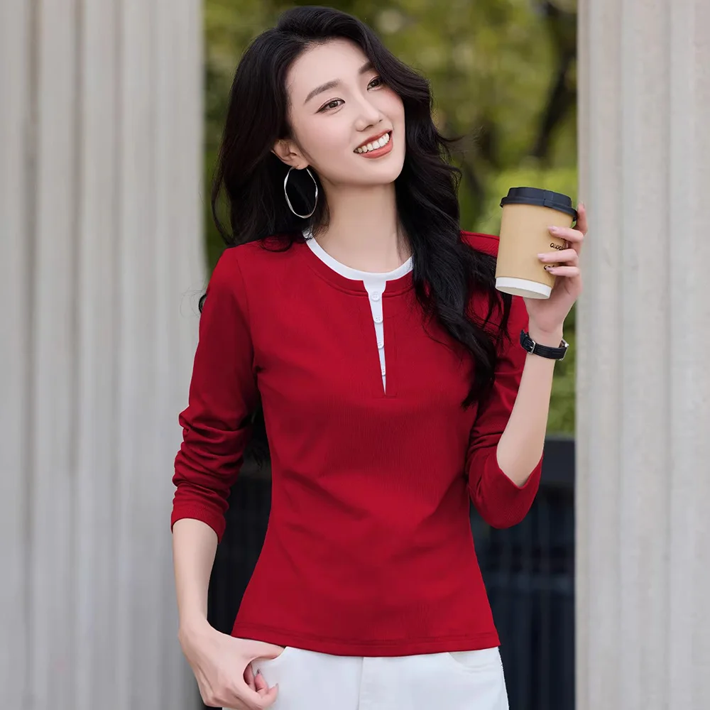 

Новая женская футболка с длинным рукавом, весенне-осенняя модная футболка контрастного цвета с круглым вырезом, облегающая талию, простая повседневная футболка с лоскутным узором