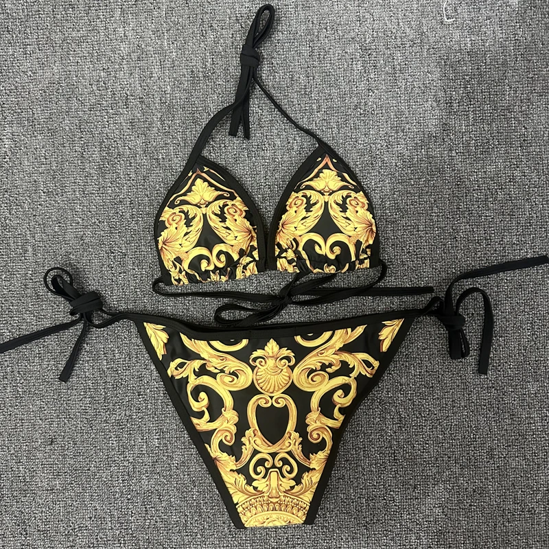 New Sexy Swimsuit Golden Floral Print Two Piece Bikini Female Brazilian Bather Bathing Suit Women Swimwear Beach biquínis