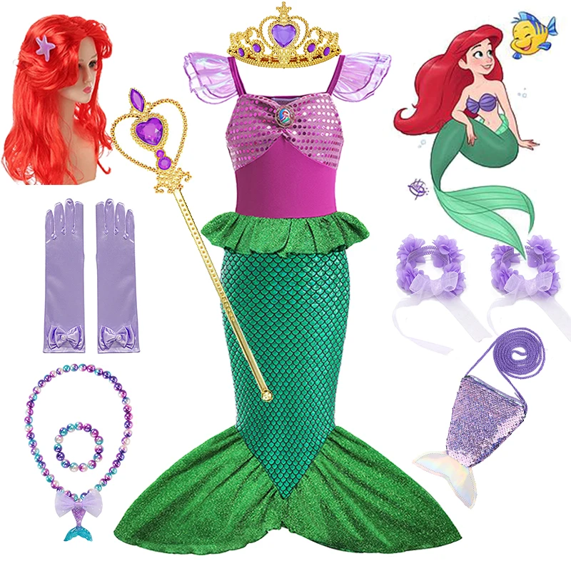 2024 Disney Mermaid Ariel Princess Cotume For Girl Mermaid Birthday Party Dress Kid Flying Sleeve Princess Cosplay Mermaid Dress