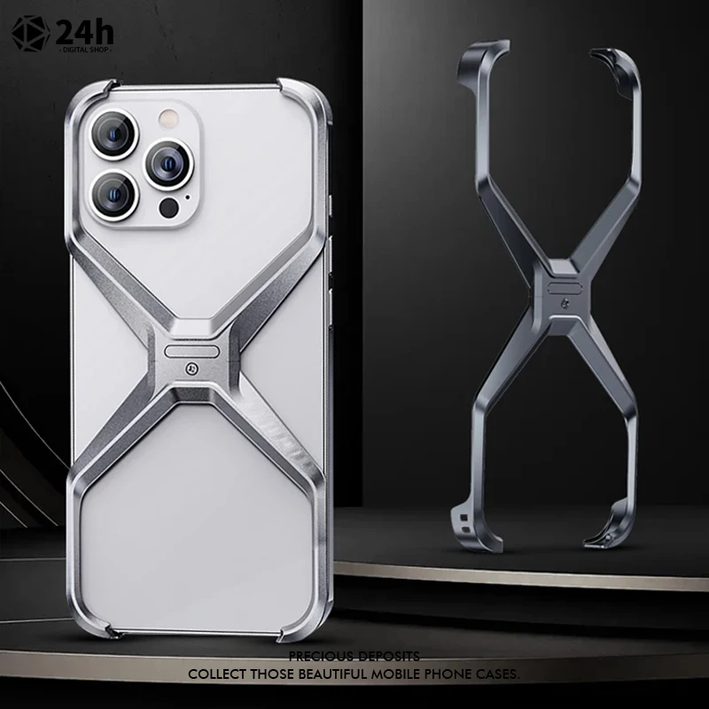 

Aluminum Alloy Rimless X Type Phone Case For iPhone 14 15 Pro Max Metal Heat Dissipation Removable Armor Shockproof Covers Funda