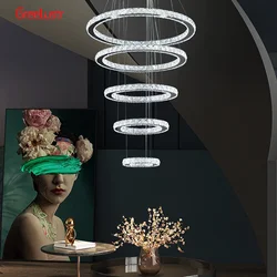 Modern Crystal Chrome Led Pendant Light Fixture Rings Adjustable Chandelier Dimming Lamp for Living Room Bedroom Hanging Lustre