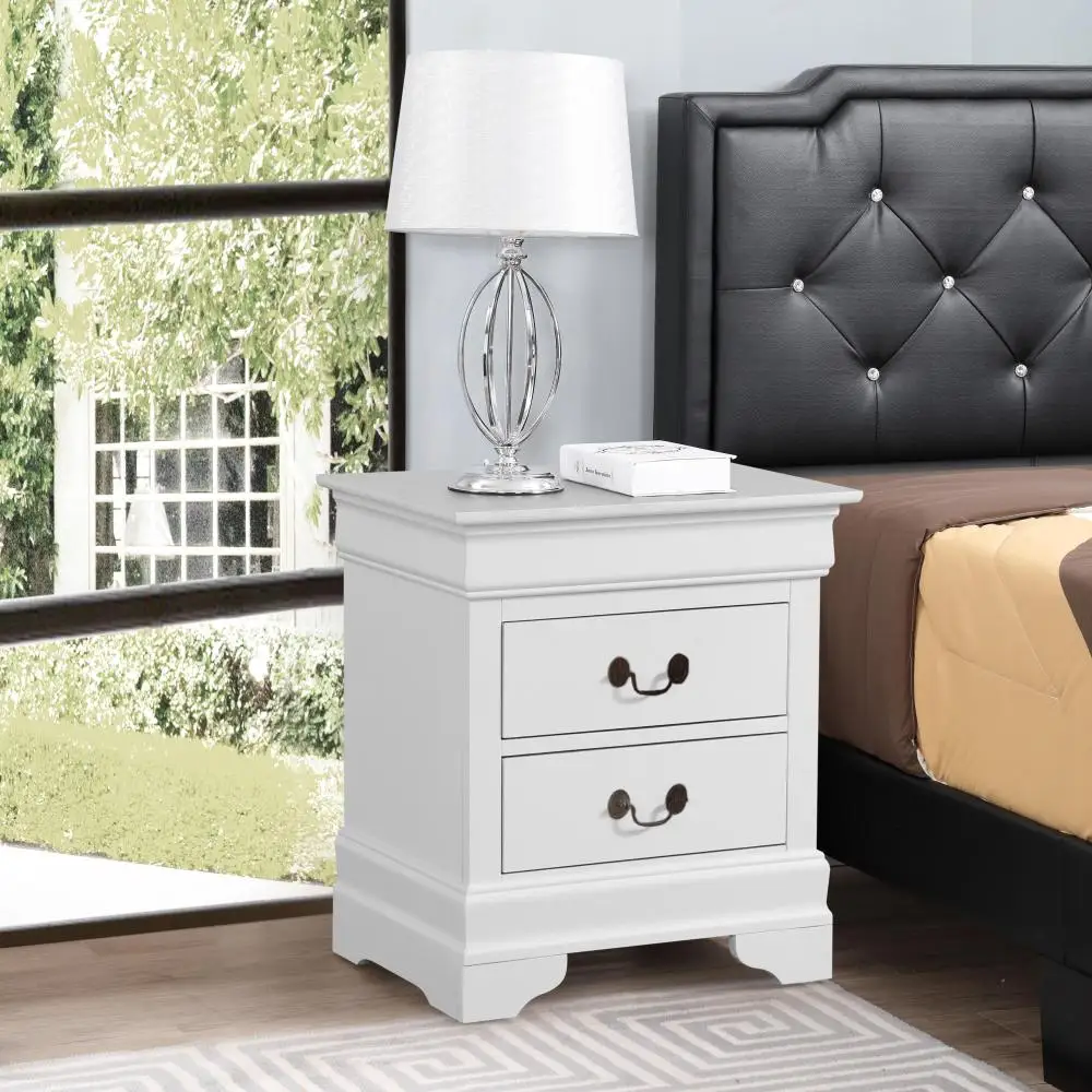 

Nightstand White Traditional, Overall dimensions are 24"H, 22"W and 16"D, The white finish beautifully complements any decor