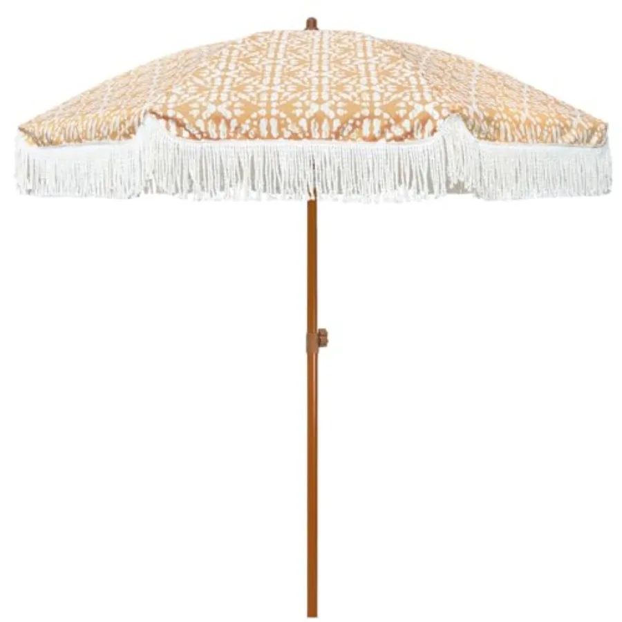 

7ft Patio Umbrella with Fringe Outdoor Tassel Umbrella UPF50+ Premium Steel Pole and Ribs Push Button Tilt, Retro Bohemian