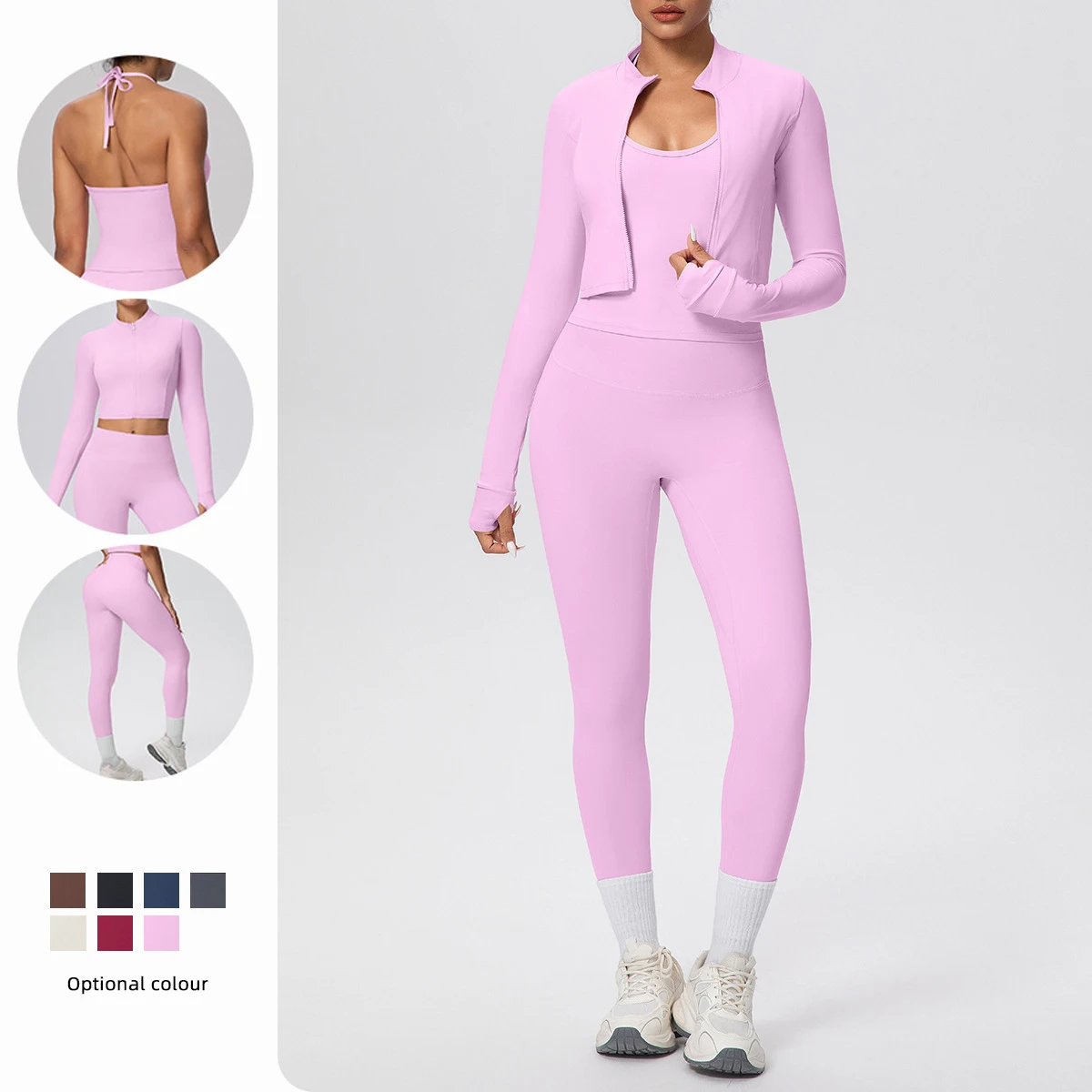 

Yoga Three Piece Set Female Sportswear Yoga Zipper Long Sleeves Backless Naked Feel Halter Bra Solid Color Fitness Pant Yoga Set