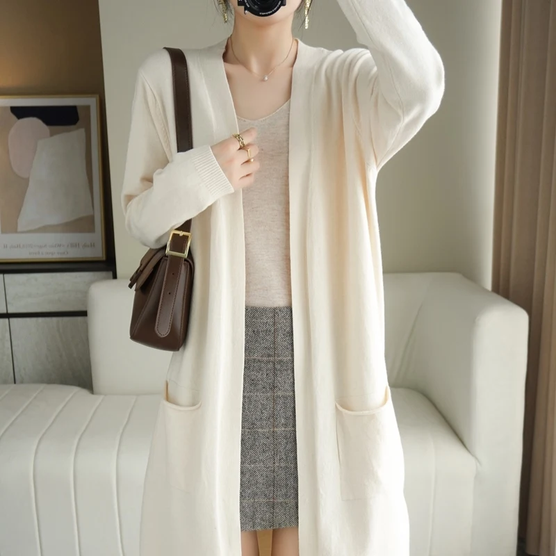 

Женский свободный вязаный шерстяной кардиган, пальто с v-образным вырезом, длинное све, тонкая верхняя одежда средней длины на весну и осень, удобный крой