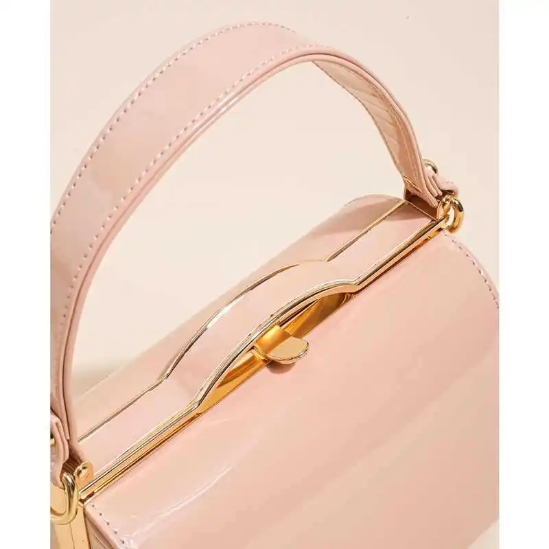 Women Patent Leather Mini Evening Bag Bright Color Metal Frame Kiss Lock Handbag Detachable Strap Party Clutch Purse