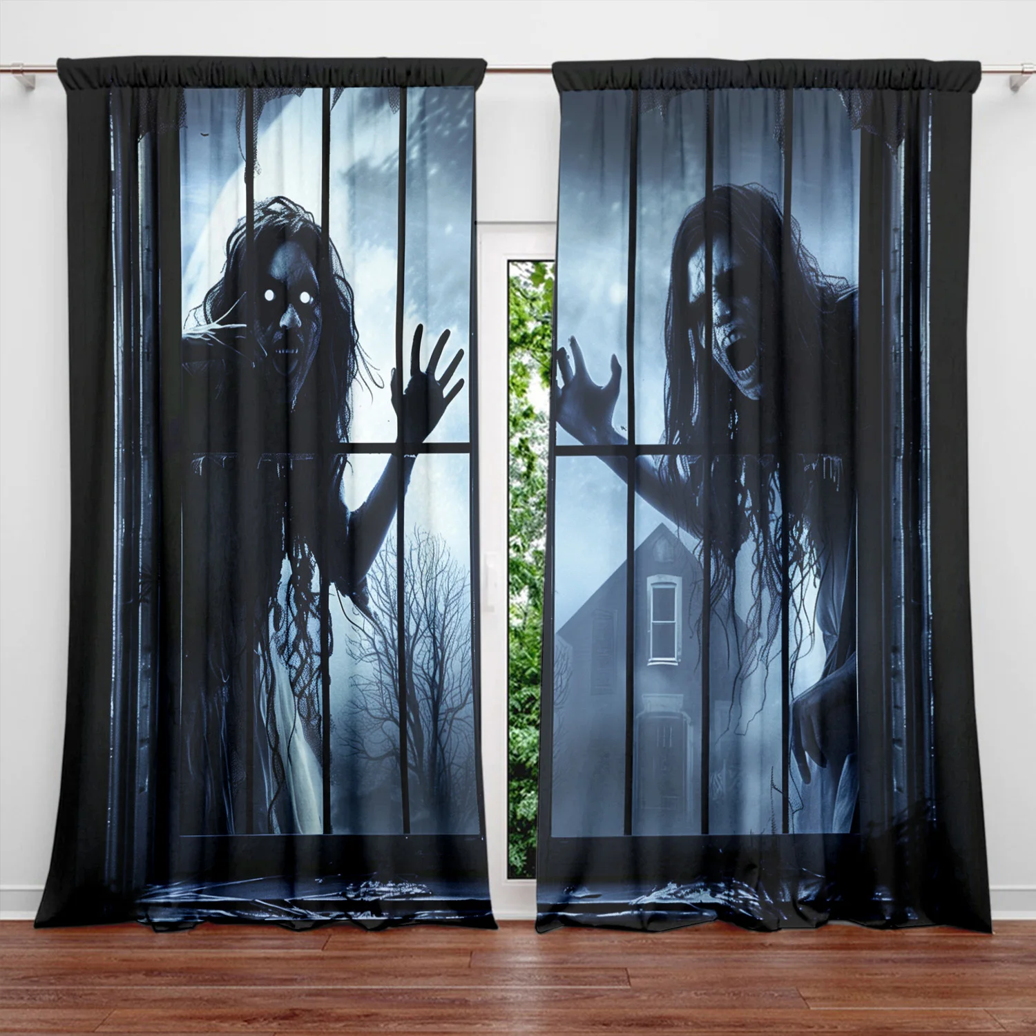 2pcs Halloween Horror Ghost Curtains Scary Zombie Print Spooky Design Polyester Window Drapes for Party Haunted House Decor