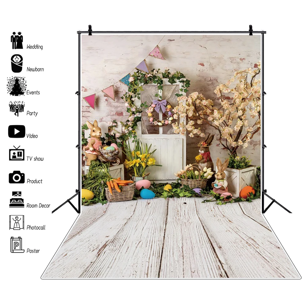 

Spring Easter Gray Wooden Board Photography Backdrops Flowers Bunny Decor Newborn Child Portrait Photo Cake Smash Background